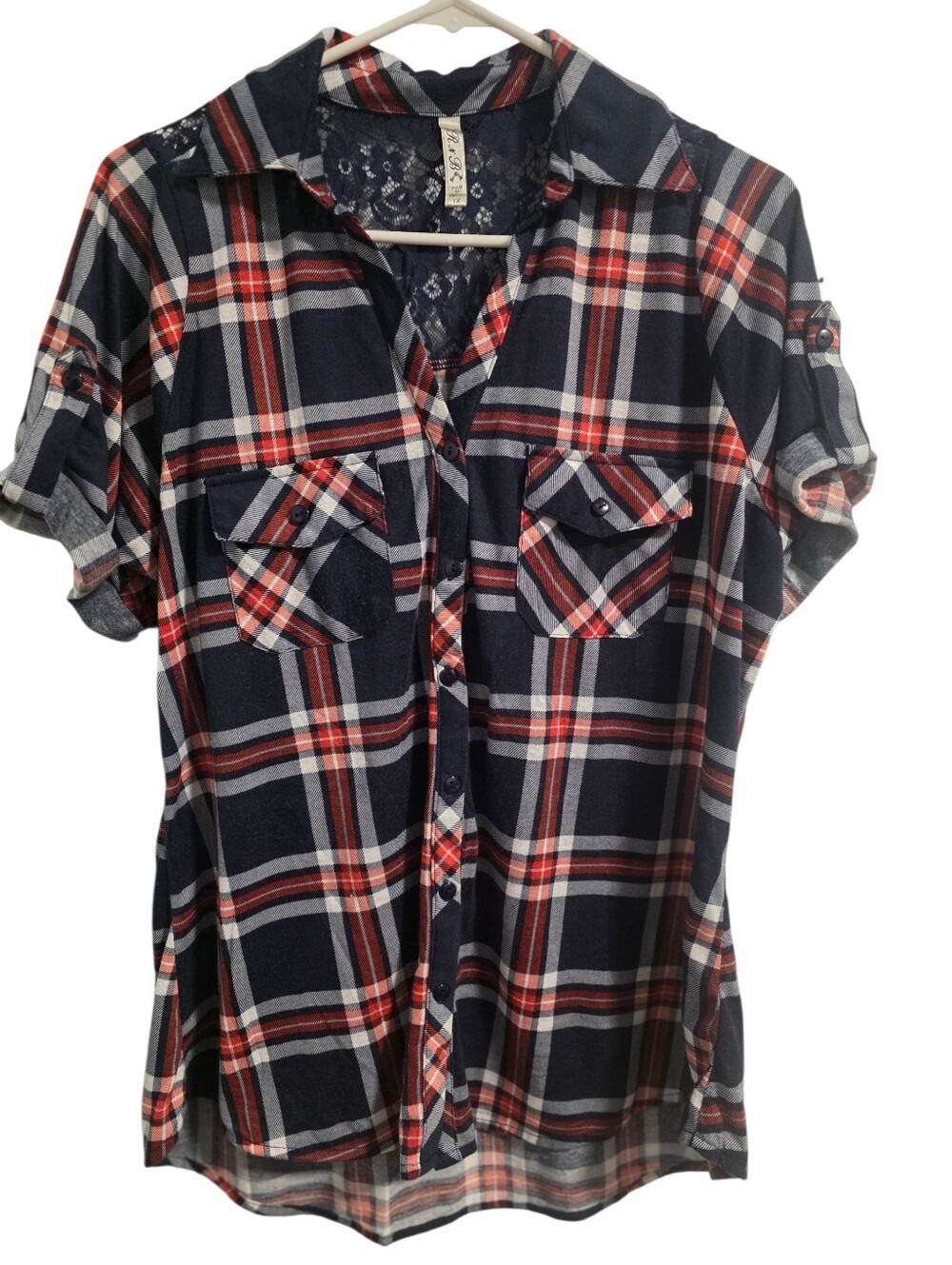 R & B Plaid Flannel Short Sleeve Shirt With Lace Insert On Back EUC Sz 1X